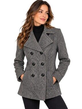 London Fog Wool Blend Peacoat Gray Black Tweed Double Breasted Small